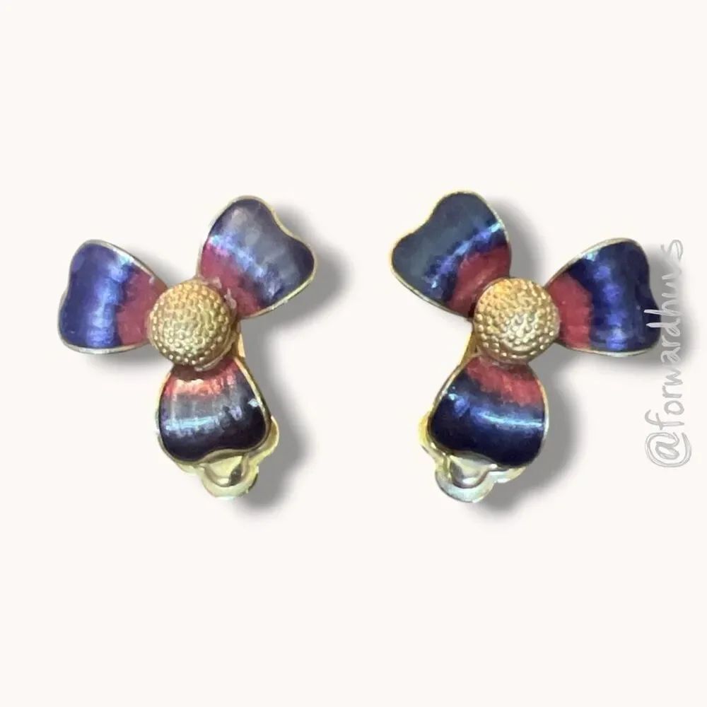Vintage Cloisonné Enamel Flower Clip On Earrings Blue Red Gold Tone